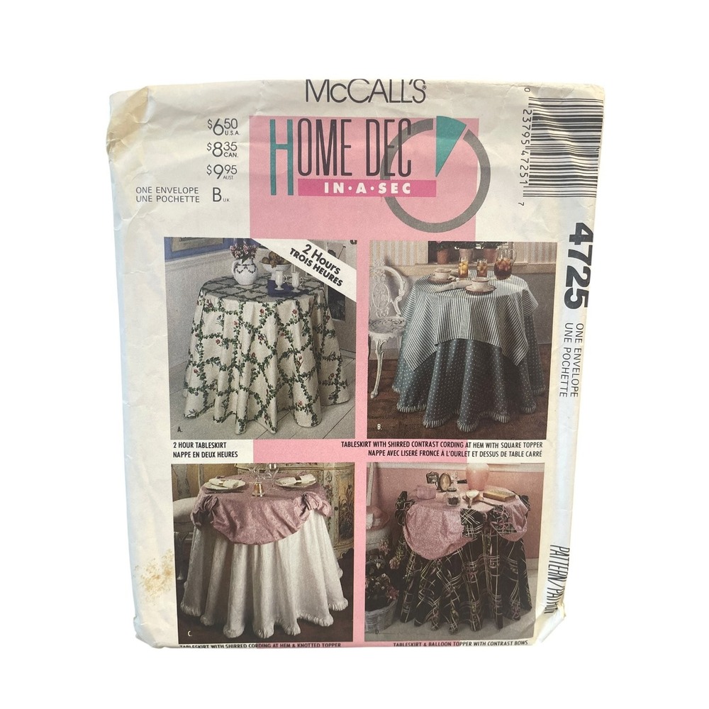 McCall's 4725 Tableskirt Table Topper Home Decor One Size 1980s Easy